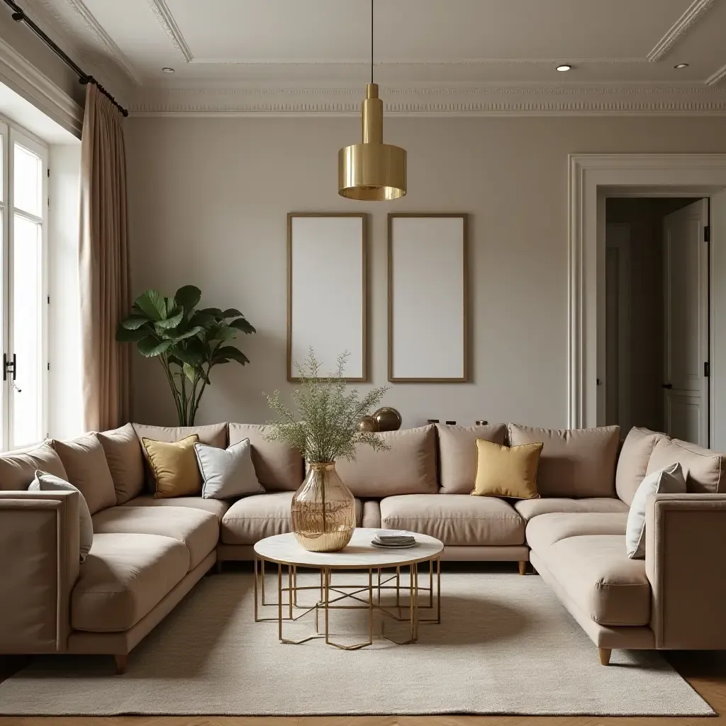 a photo of a vintage-inspired living room with gold metallic accents