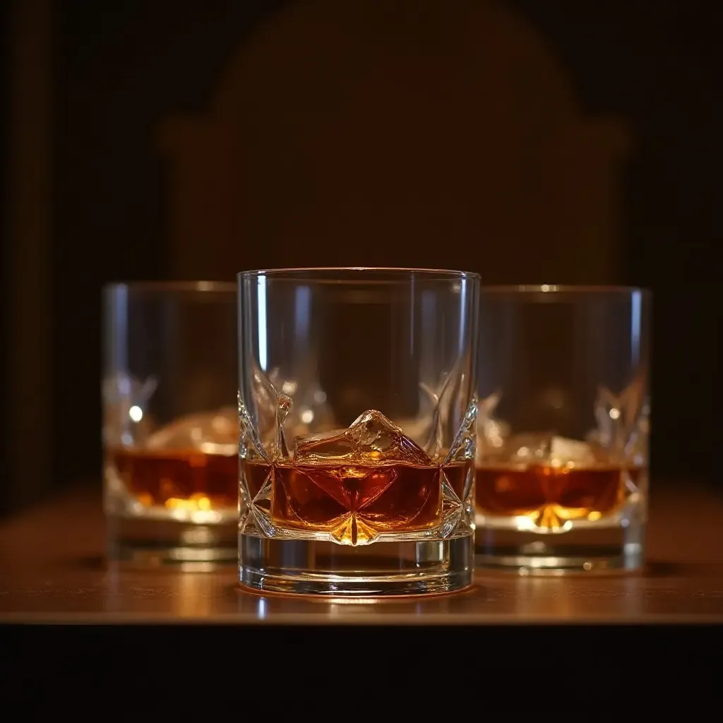 a photo of a set of elegant whiskey glasses displayed on a shelf