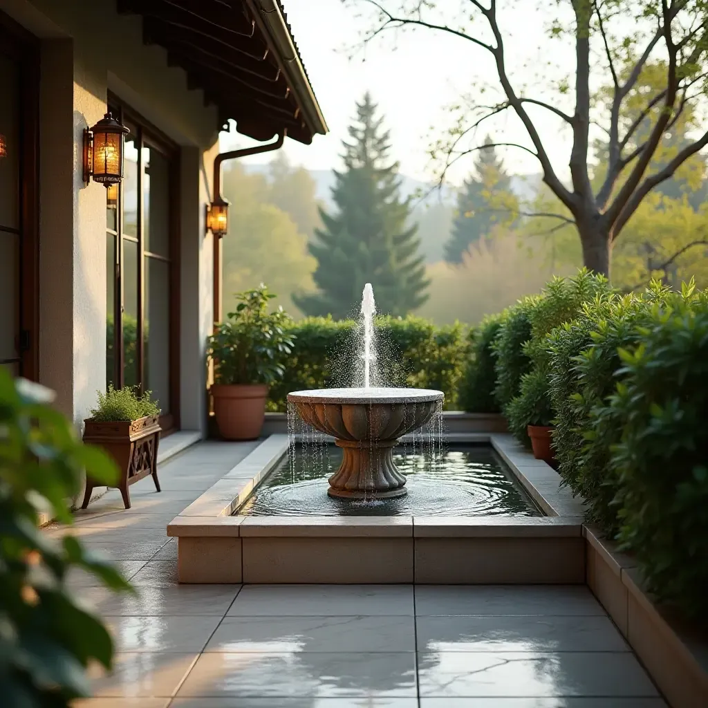 a photo of a balcony featuring a small water fountain