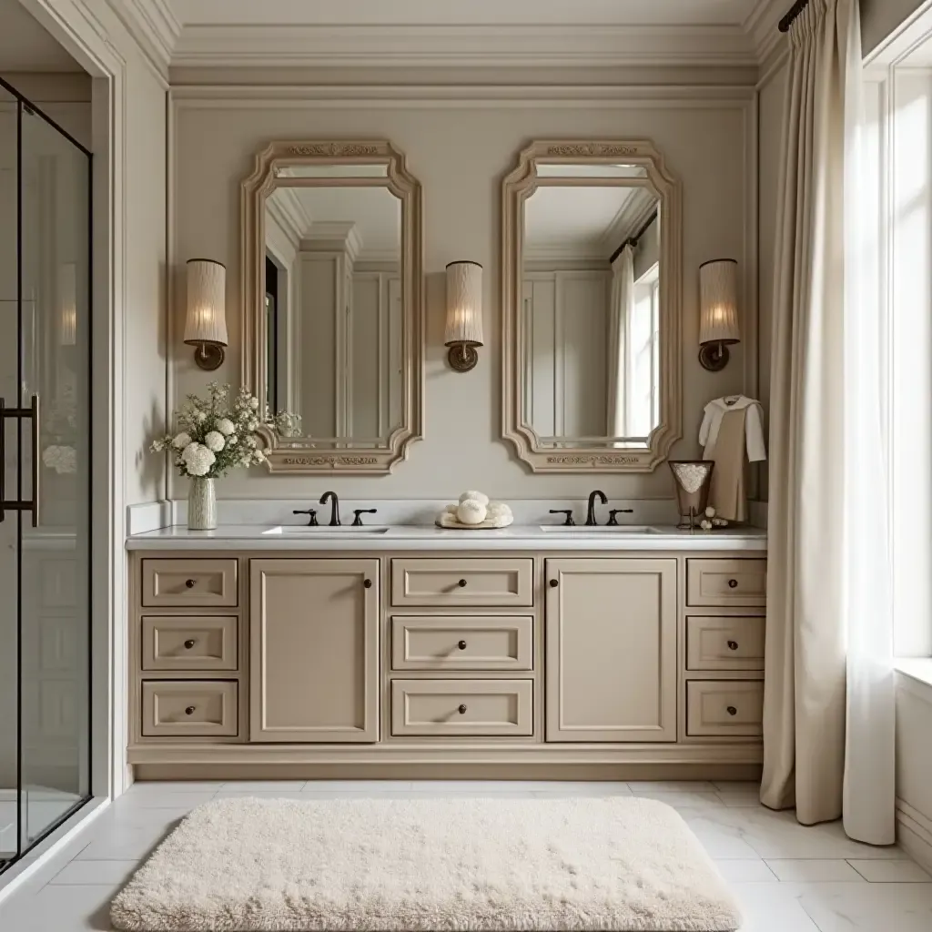 a photo of a luxurious bathroom vanity with plush rugs and elegant finishes