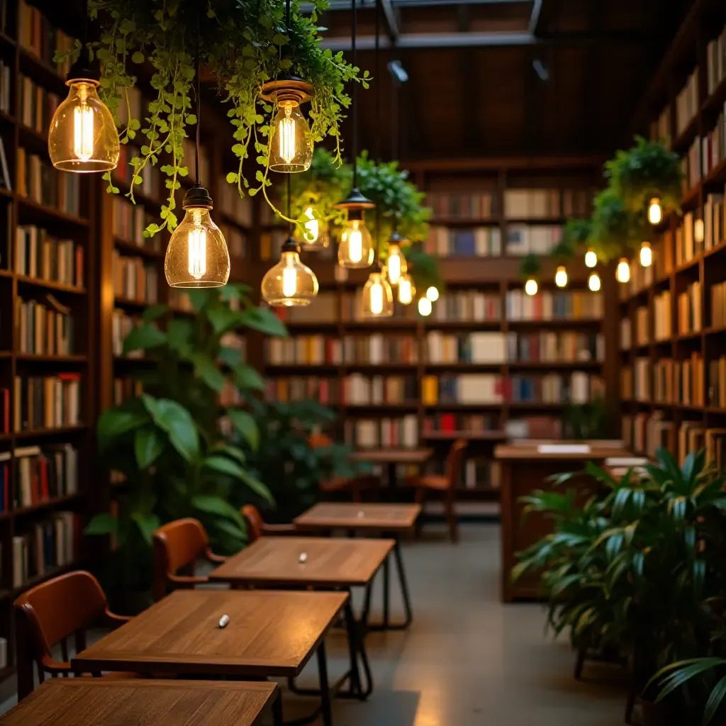 a photo of a library with pendant lights that resemble hanging plants