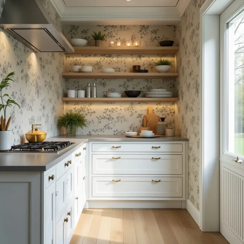 a photo of a pantry with decorative wallpaper and stylish storage solutions