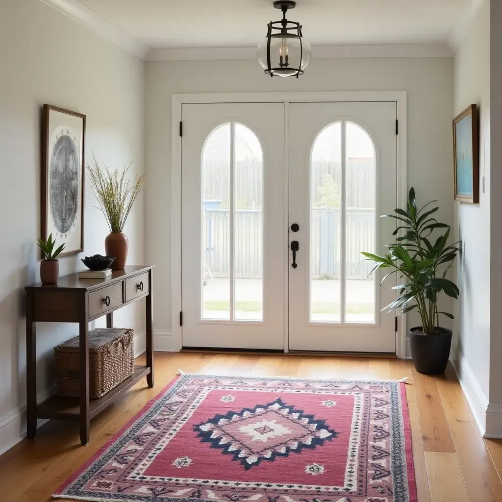 a photo of a tribal-inspired rug adding cultural flair to an entryway