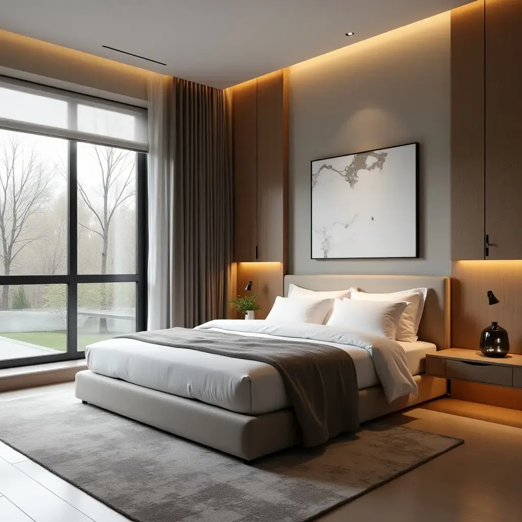 a photo of a tech-savvy bedroom with integrated smart home features