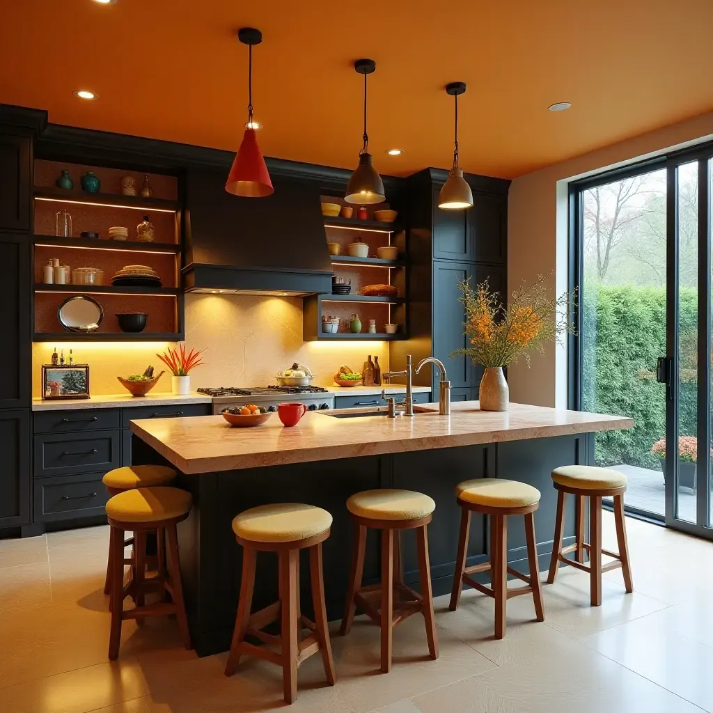 a photo of a vibrant kitchen island with eclectic seating and open storage