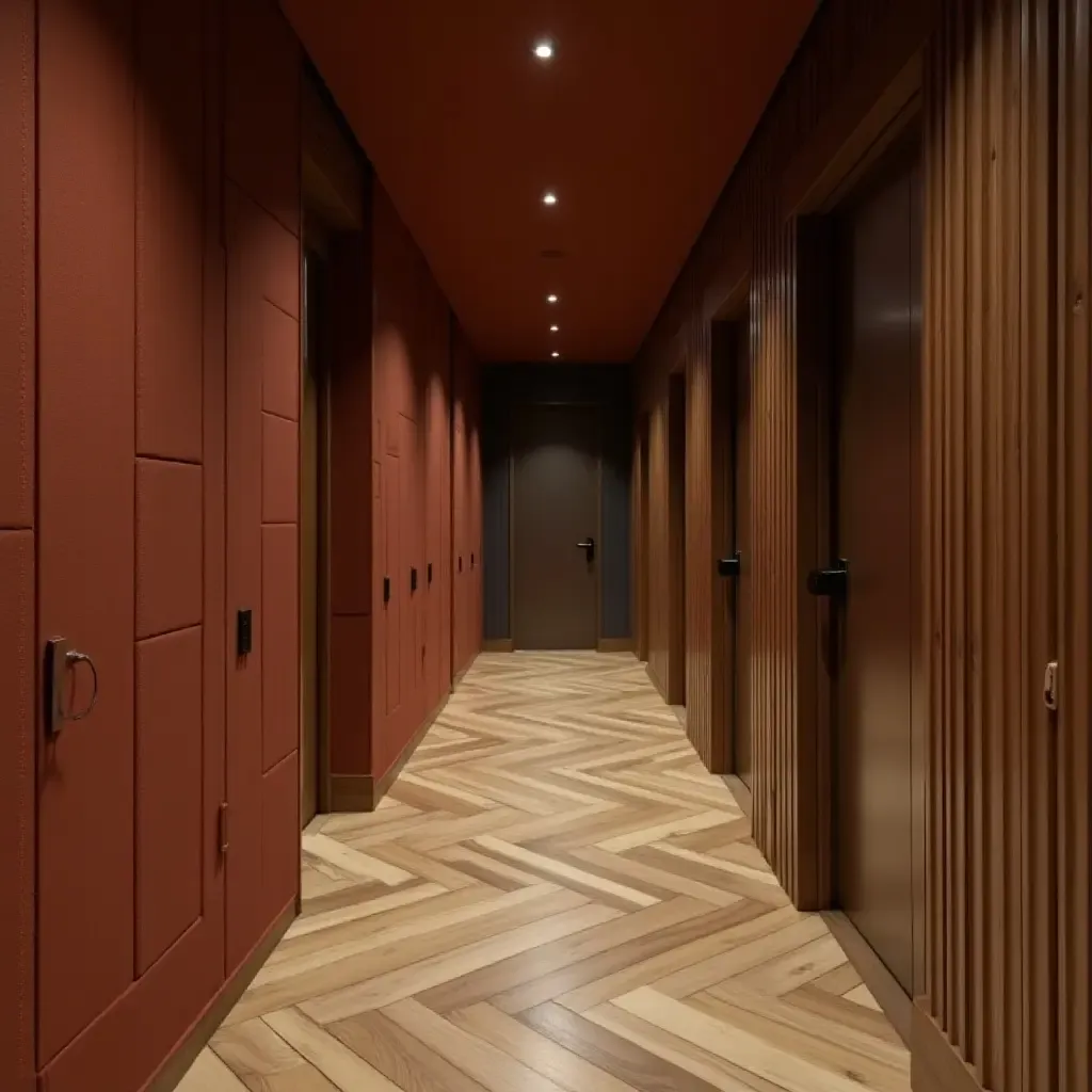 a photo of a cozy corridor with warm fabric, rustic wood, and sleek metal textures