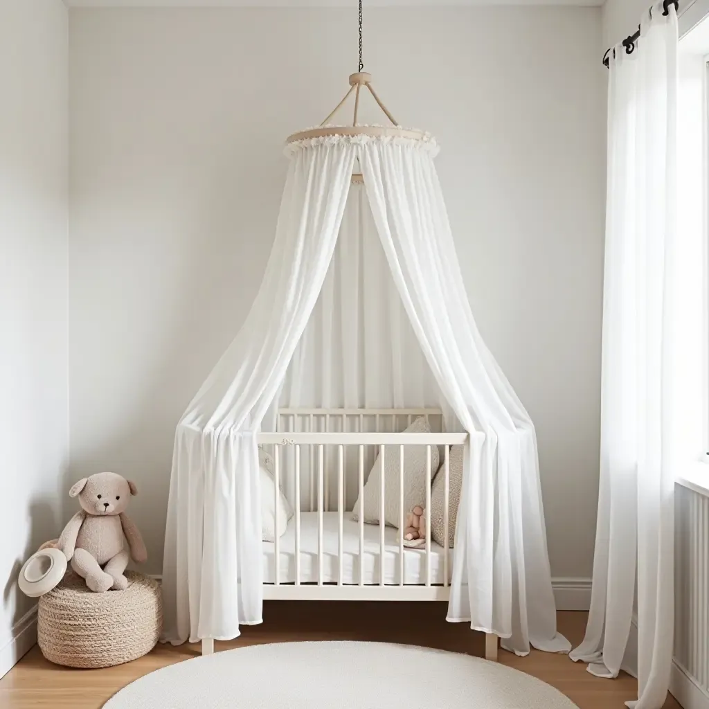 a photo of a Scandinavian-inspired nursery showcasing a simple canopy for a crib