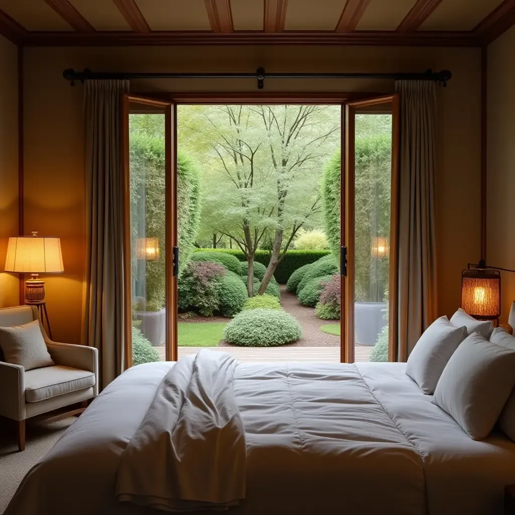 a photo of a cozy bedroom with a view of a garden outside