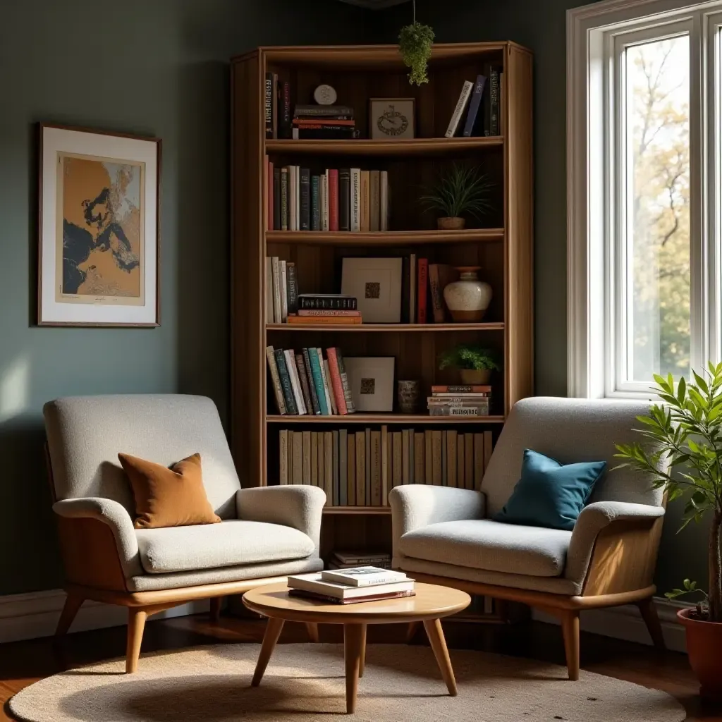 a photo of a reading nook showcasing a mix of vintage and modern styles