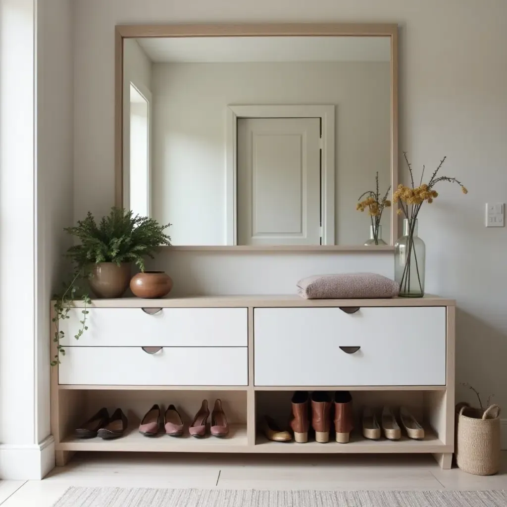 a photo of a stylish entryway with a large mirror and hidden shoe storage