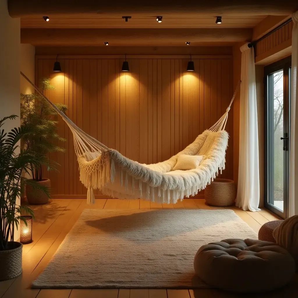 a photo of a basement relaxation area with a hammock and soft lighting