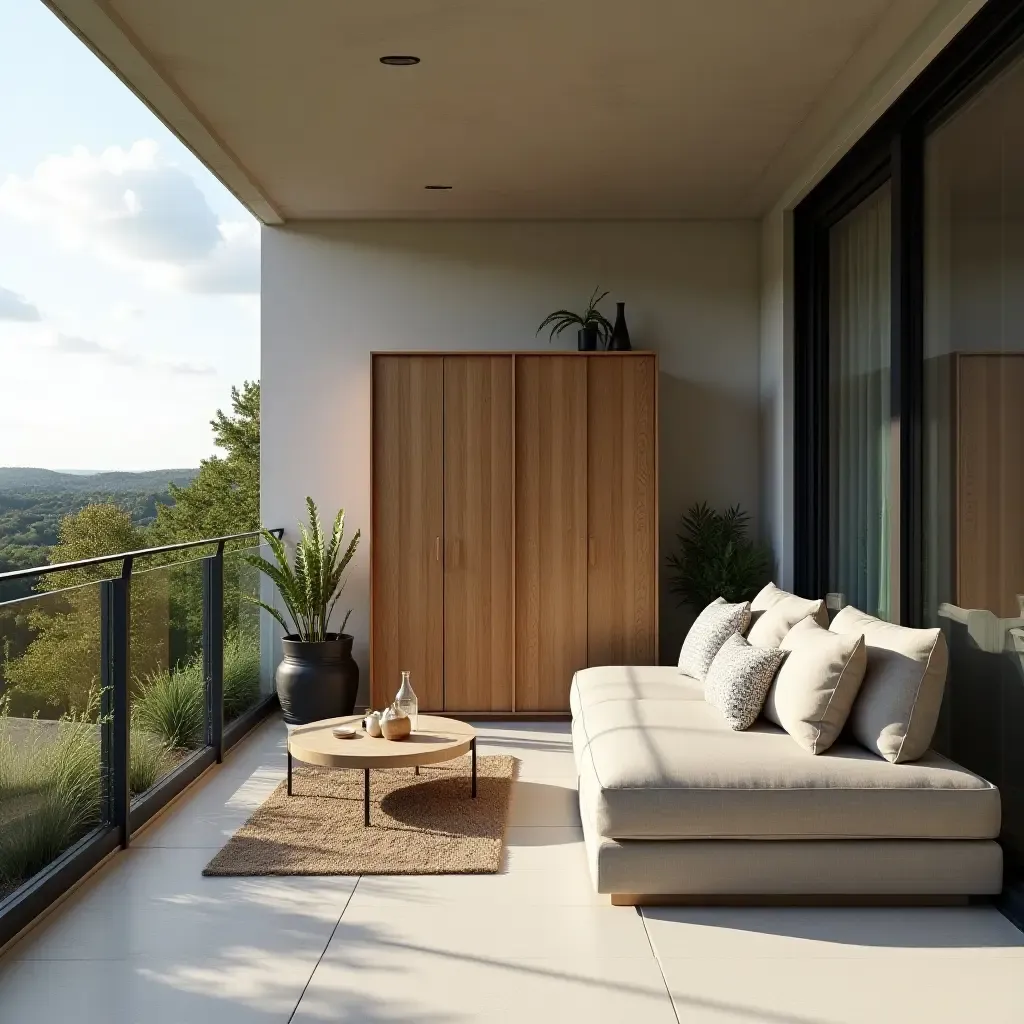 a photo of a balcony with a modern storage cabinet and outdoor seating