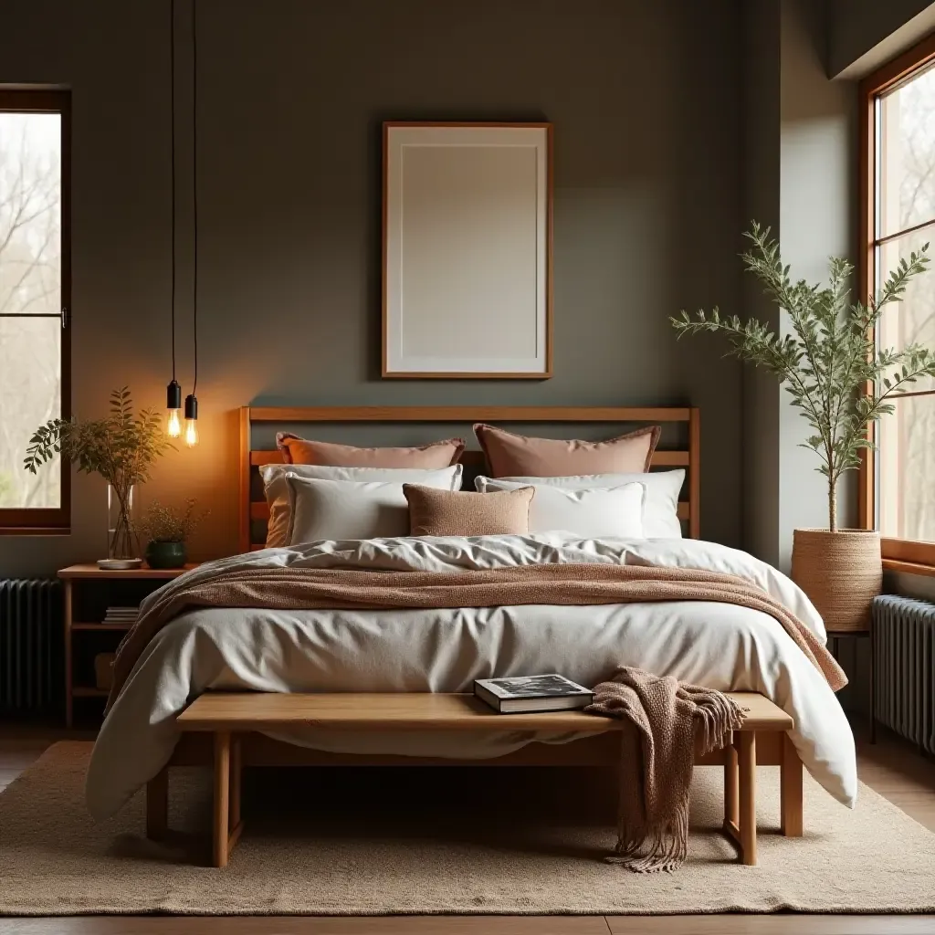 a photo of a modern rustic bedroom featuring layered bedding and earthy tones