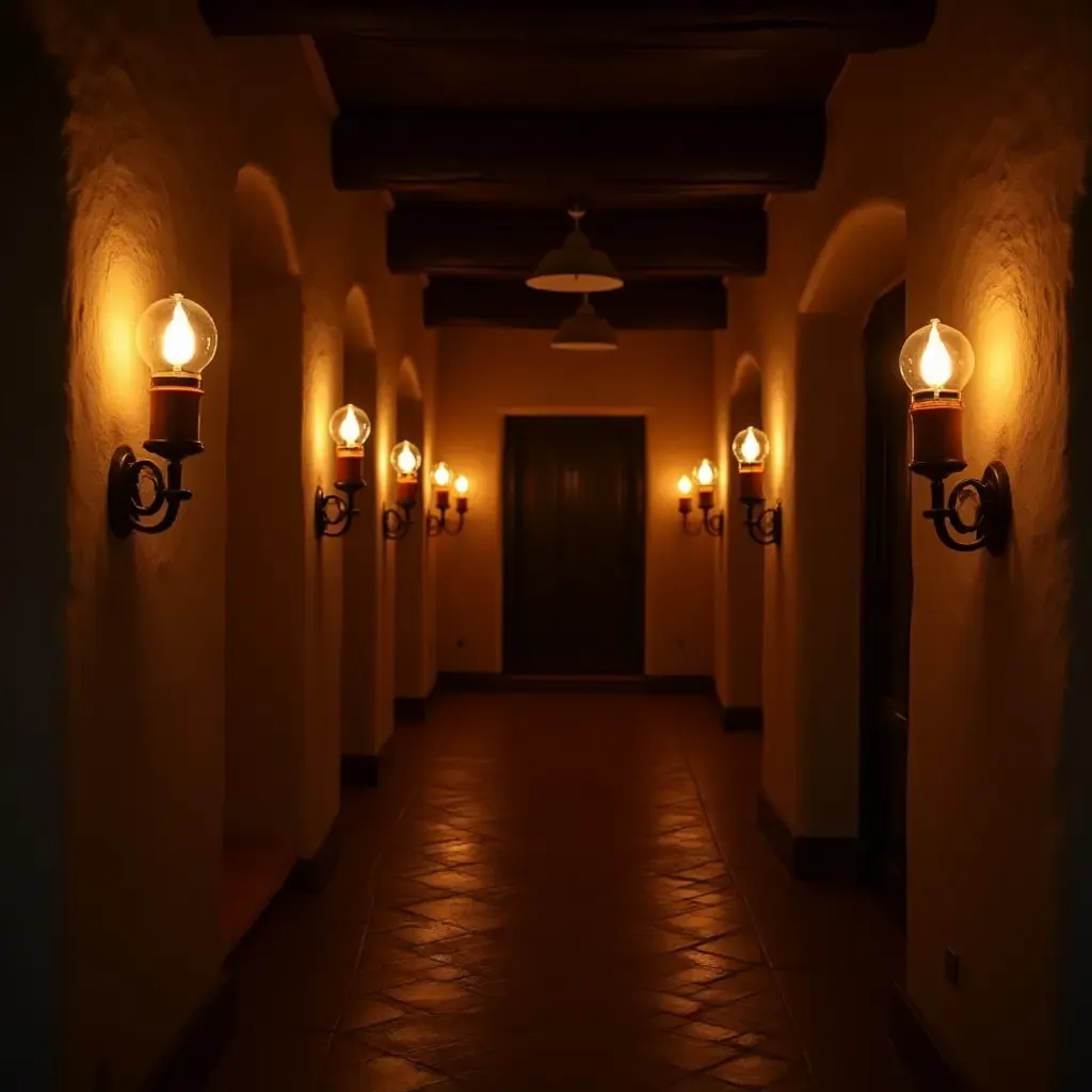 a photo of a rustic corridor with candle-inspired LED lights