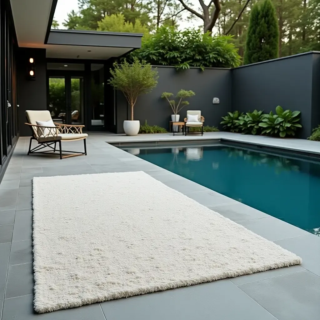 a photo of a chic outdoor rug placed beside a modern pool