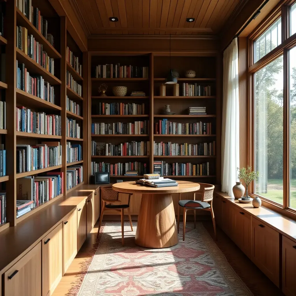 a photo of a library featuring unique book storage solutions like baskets