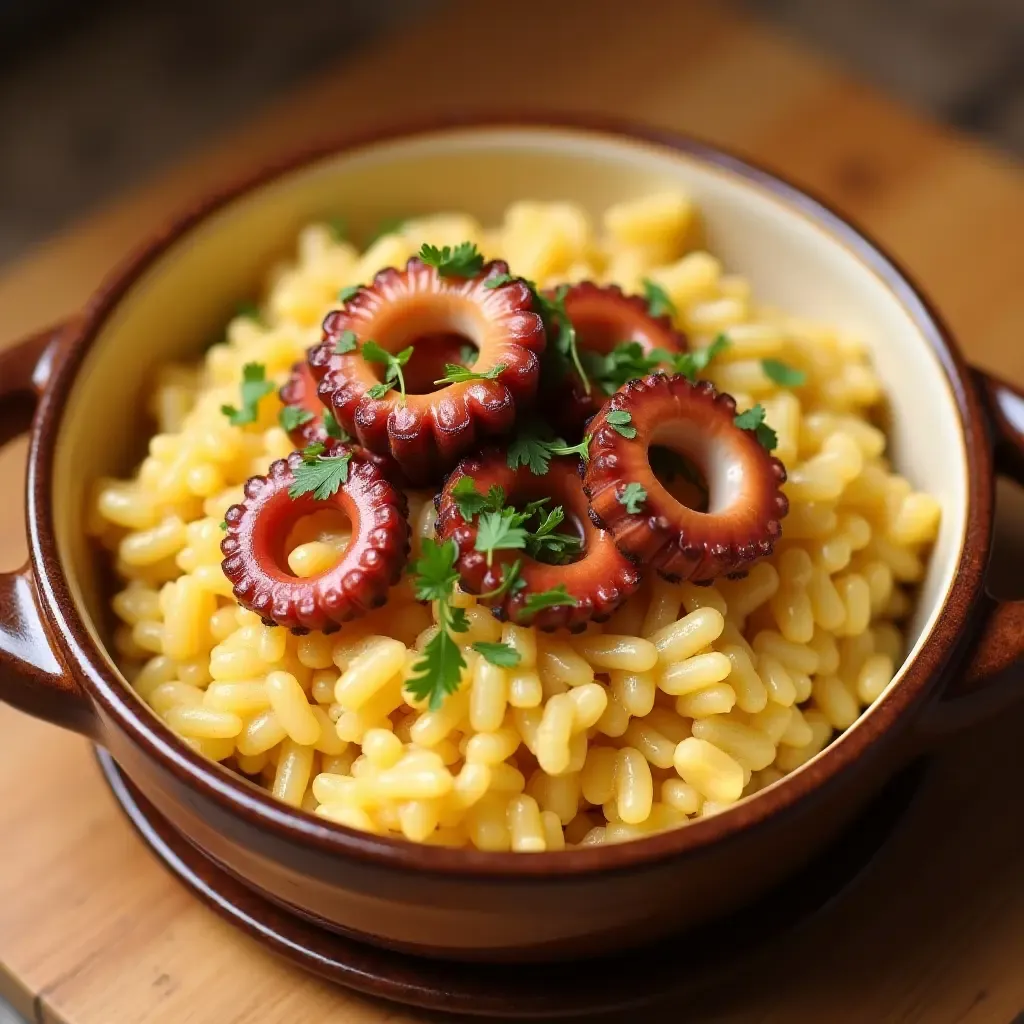 a photo of a Portuguese octopus rice dish, garnished with parsley and served in a ceramic bowl.