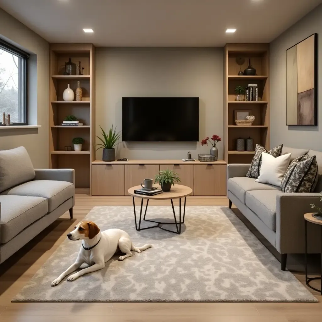 a photo of a basement pet area with pet-friendly furniture and storage solutions