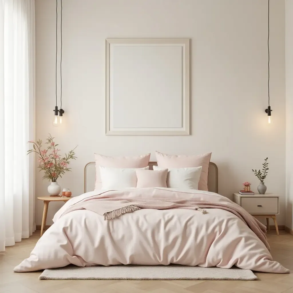 a photo of a soft pastel-themed bedroom with vintage decor elements