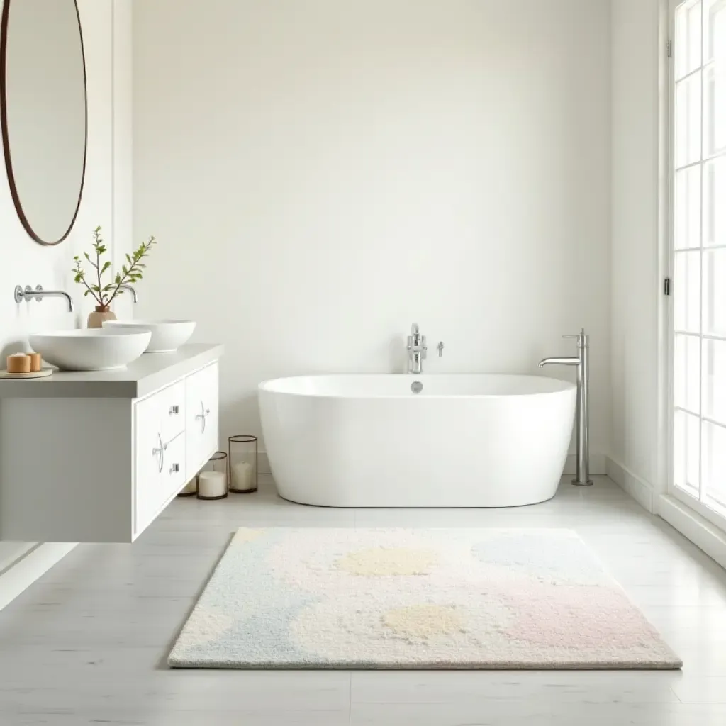 a photo of a pastel-colored rug in a light-filled bathroom