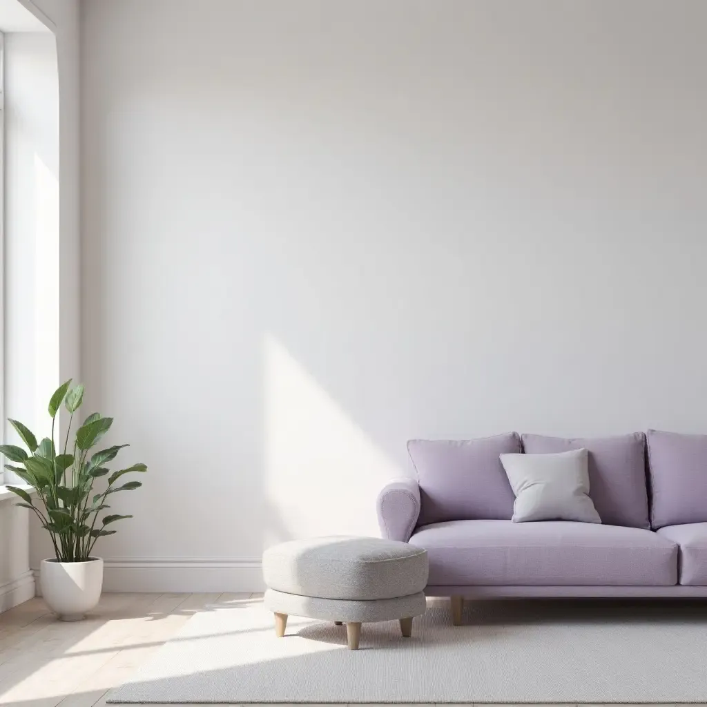 a photo of a serene living room with light gray and soft lavender