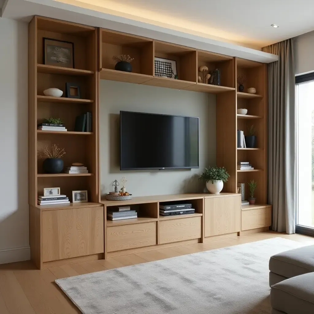 a photo of a living room with modular storage furniture