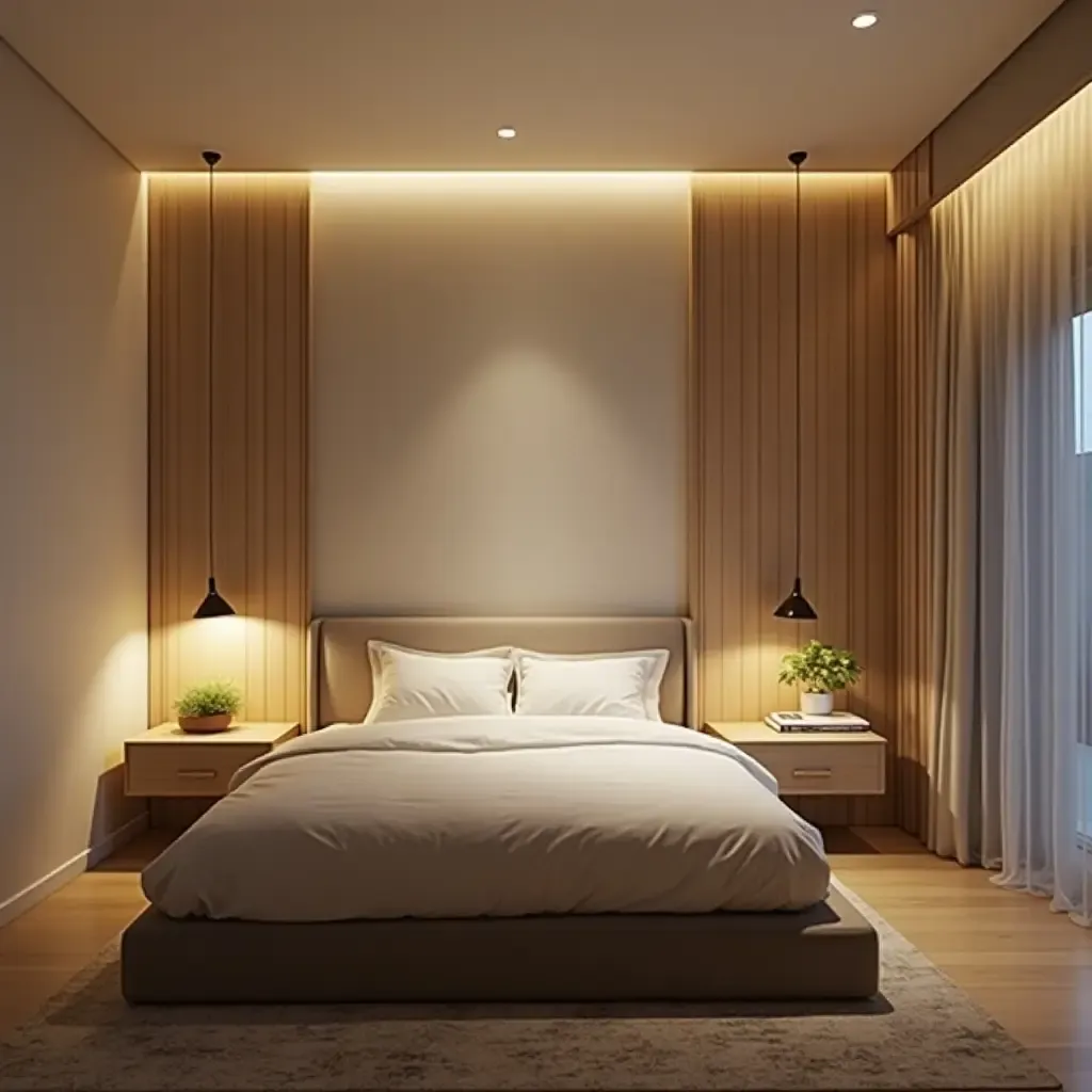 a photo of a minimalist small bedroom with smart lighting