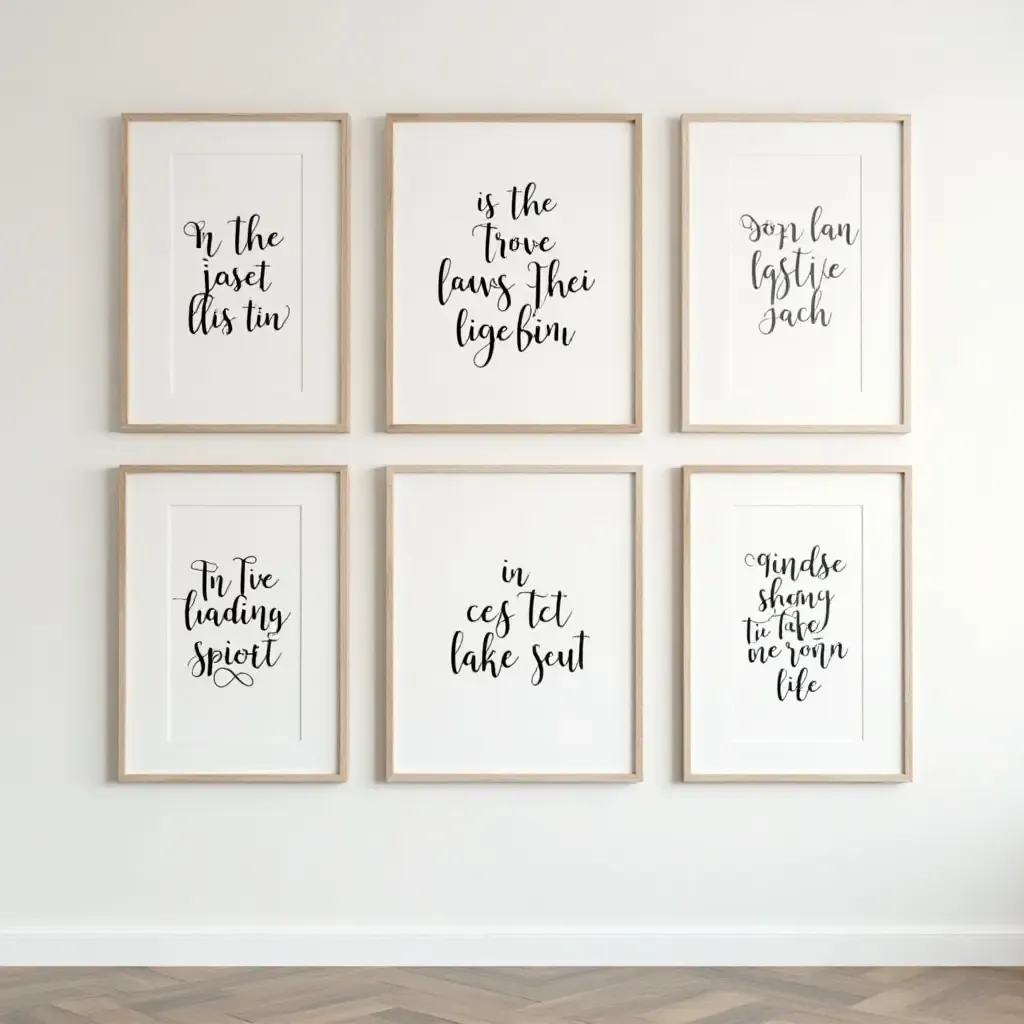 a photo of a gallery wall with framed quotes and typography art