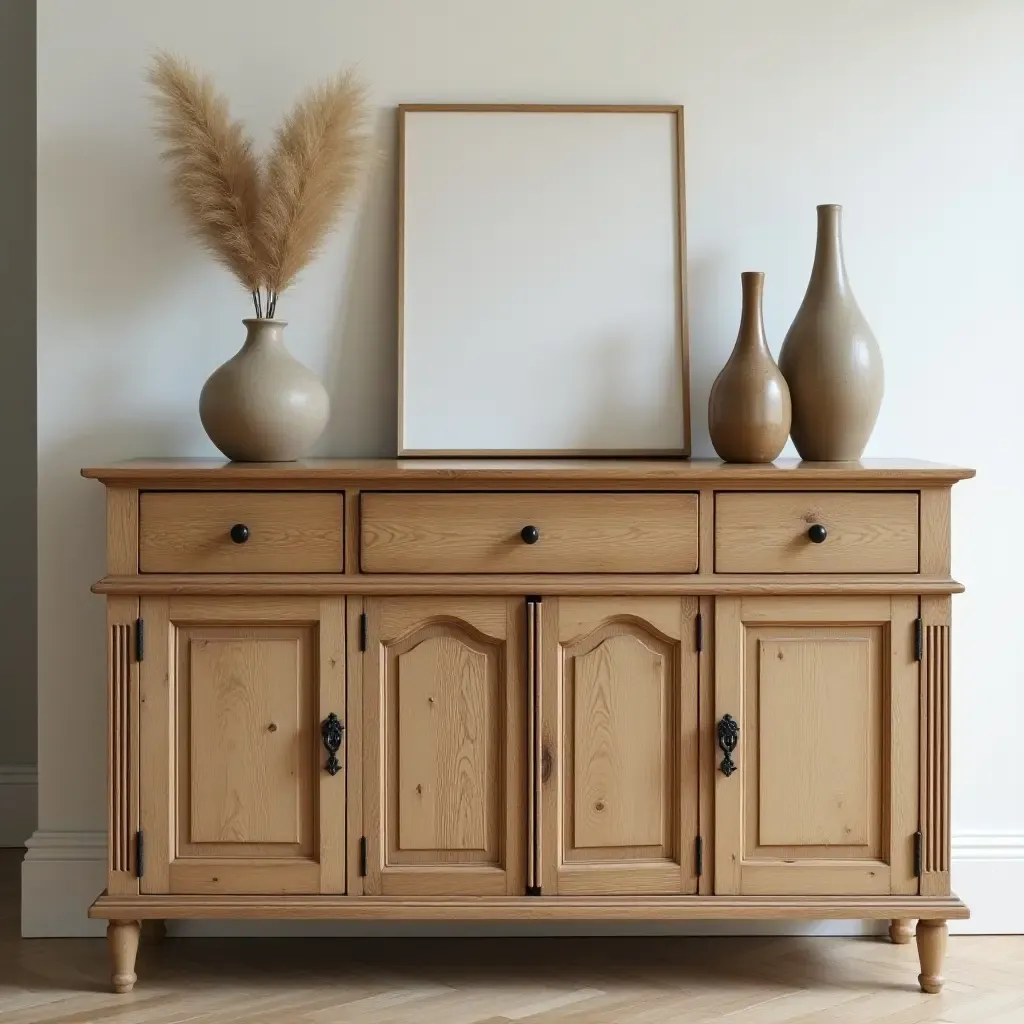 a photo of a charming vintage sideboard with decorative items