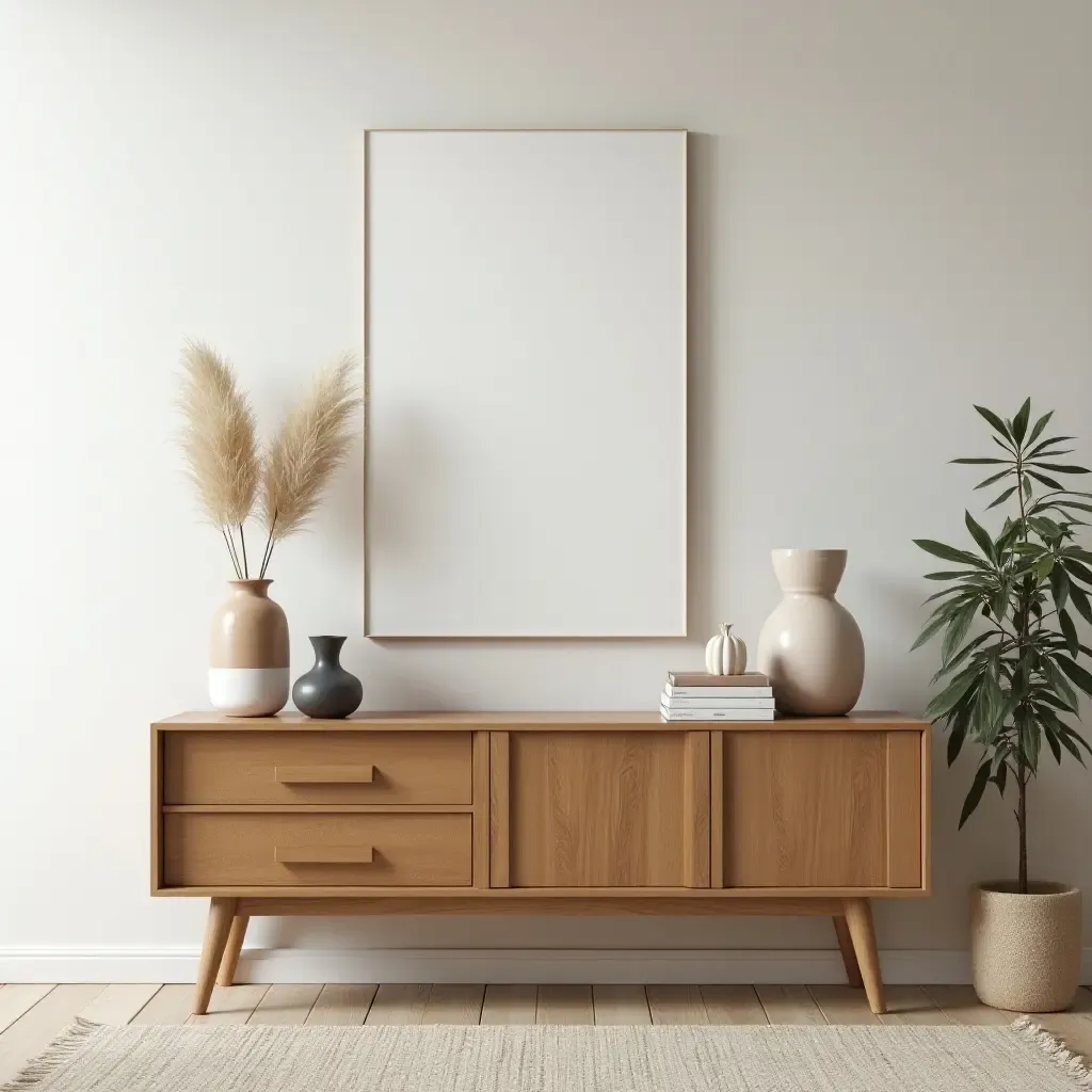 a photo of a living room featuring a wooden console table and decorative items