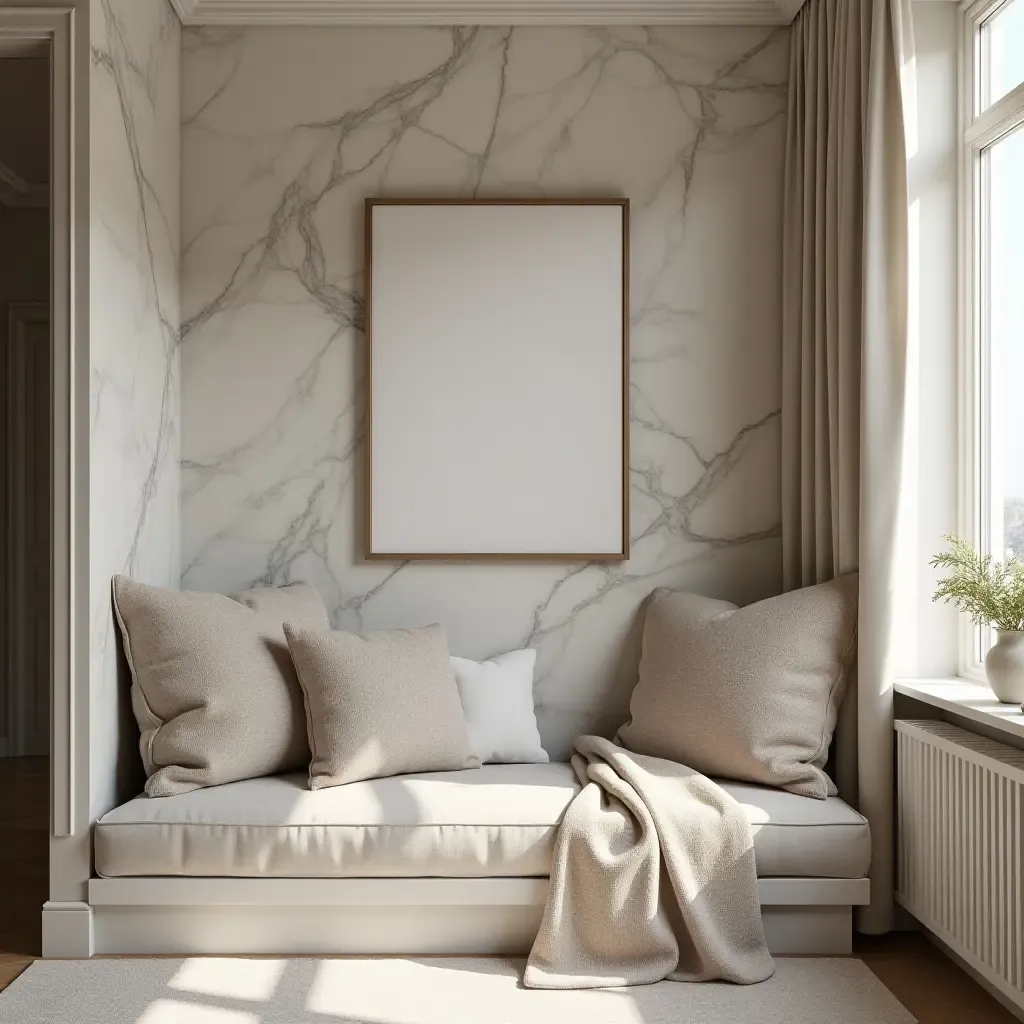 a photo of a cozy reading nook featuring marble accents and plush cushions