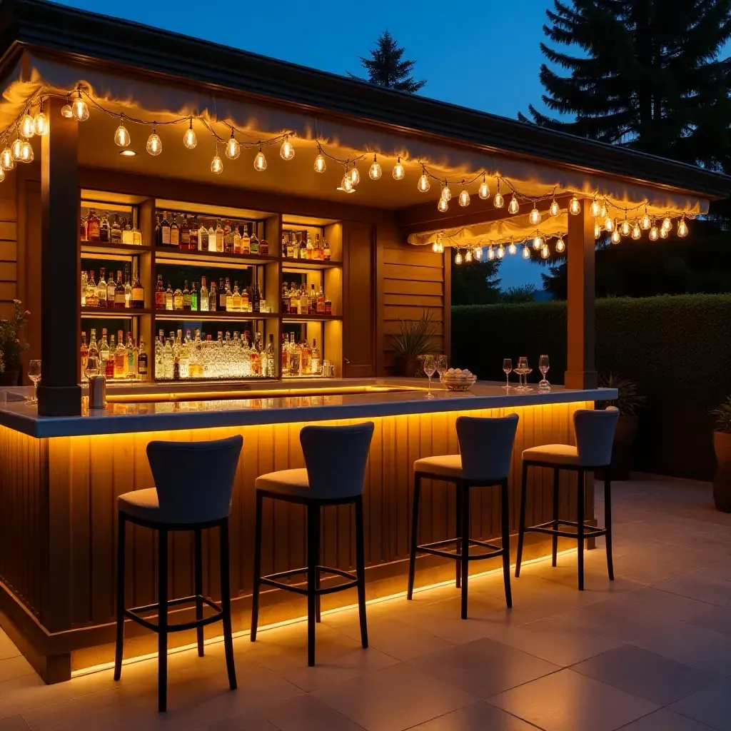 a photo of a glamorous outdoor bar area with chic bar stools and twinkling lights