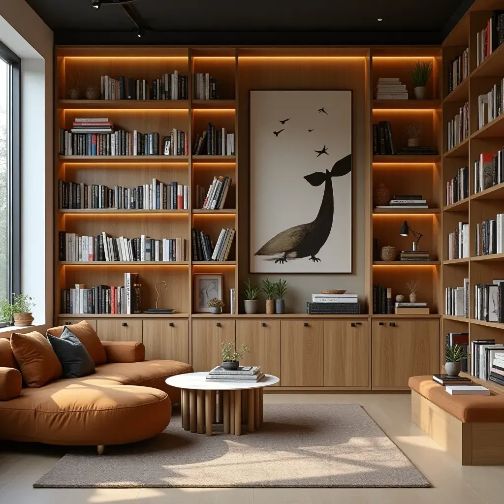 a photo of a library with wall art and creative storage solutions