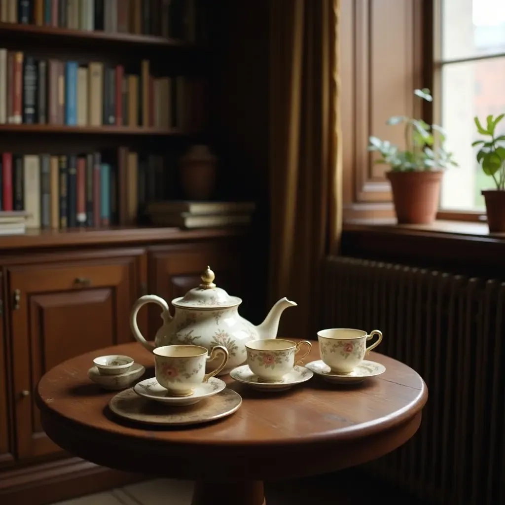 a photo of a vintage tea set on a small table in a cozy library corner