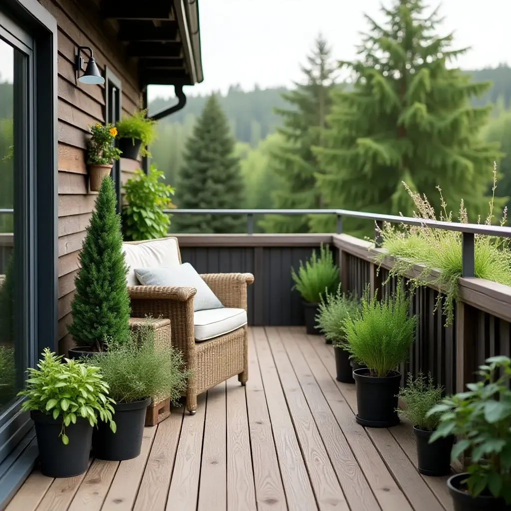 a photo of a Scandinavian-inspired balcony with a wooden deck and potted herbs