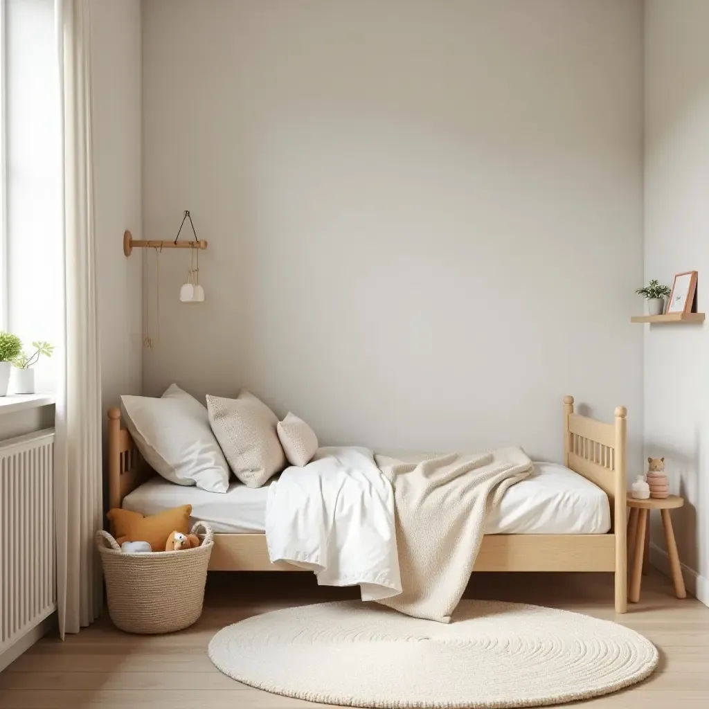 a photo of a cozy kids&#x27; bedroom with a simple design and playful elements