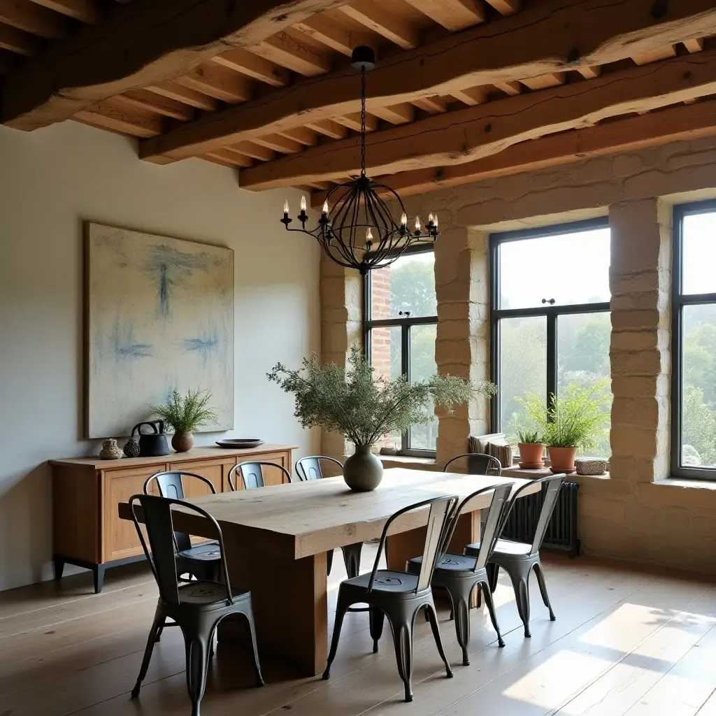 a photo of a rustic dining area with exposed beams and metal chairs