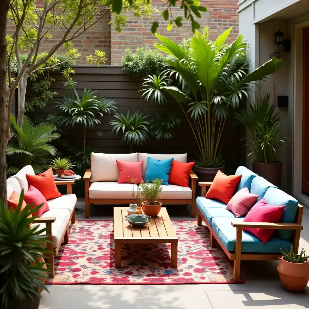 a photo of a vibrant outdoor lounge with colorful cushions and decor