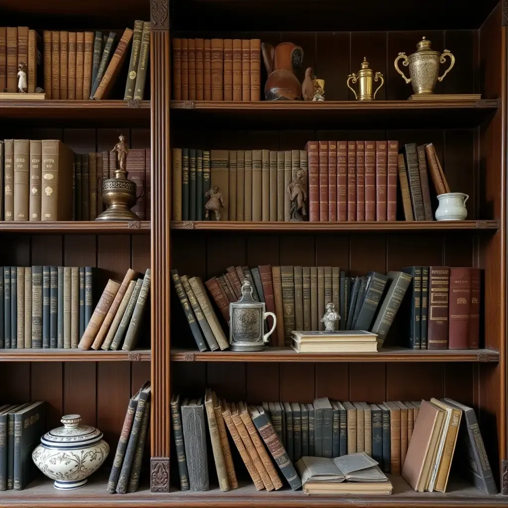 a photo of a library shelf featuring a mix of books and vintage collectibles