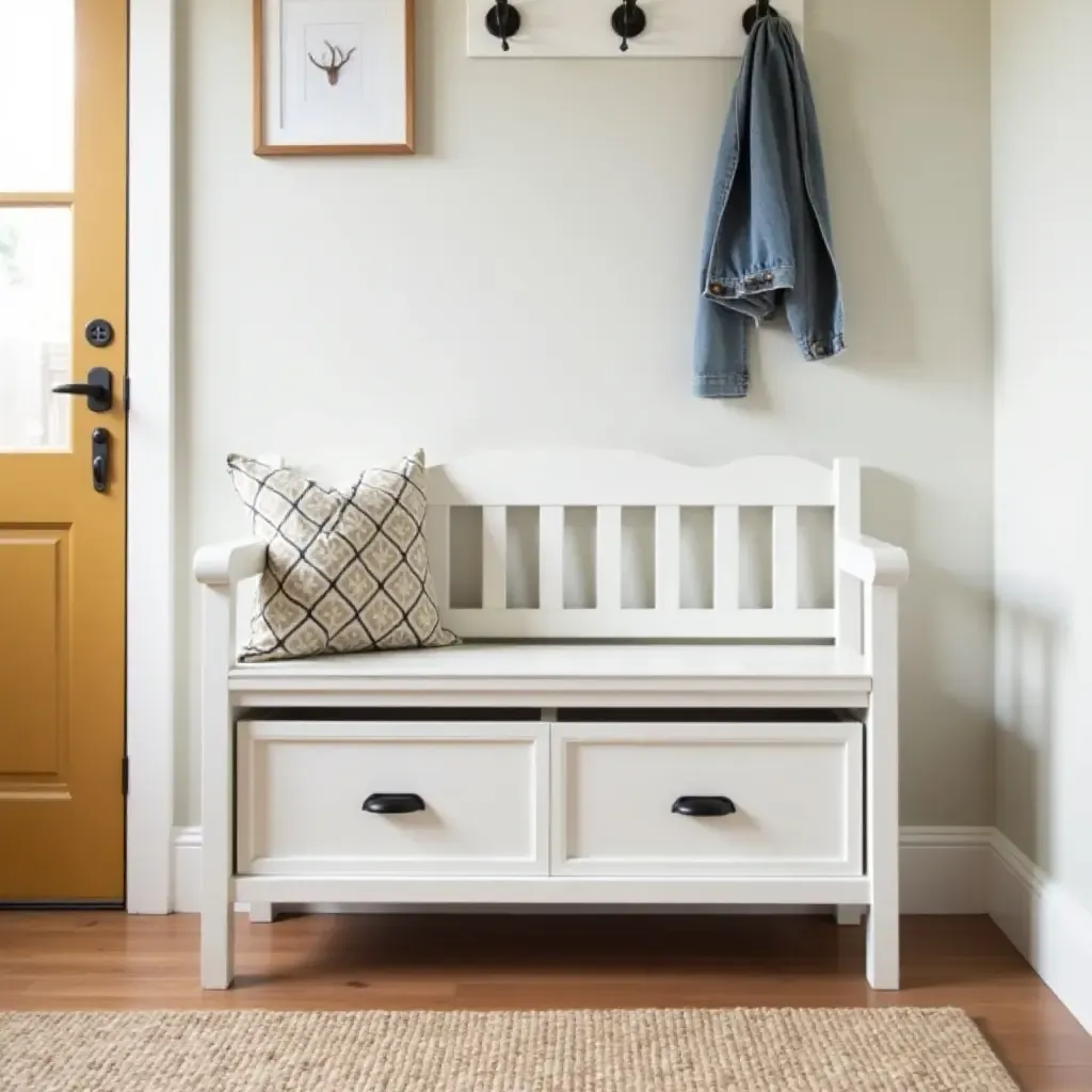 a photo of a charming DIY entryway bench with hidden storage