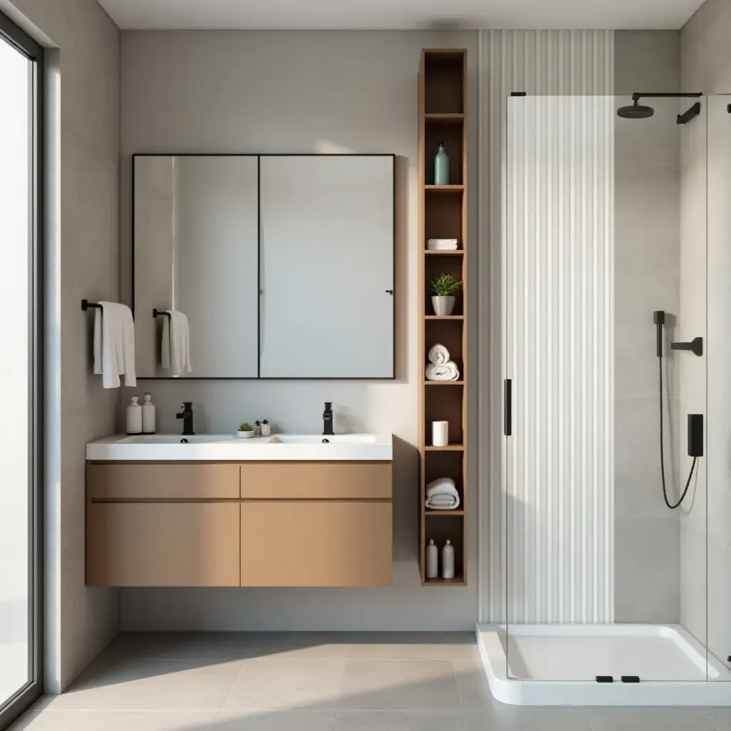 a photo of a modern bathroom with a corner vanity and vertical storage solutions