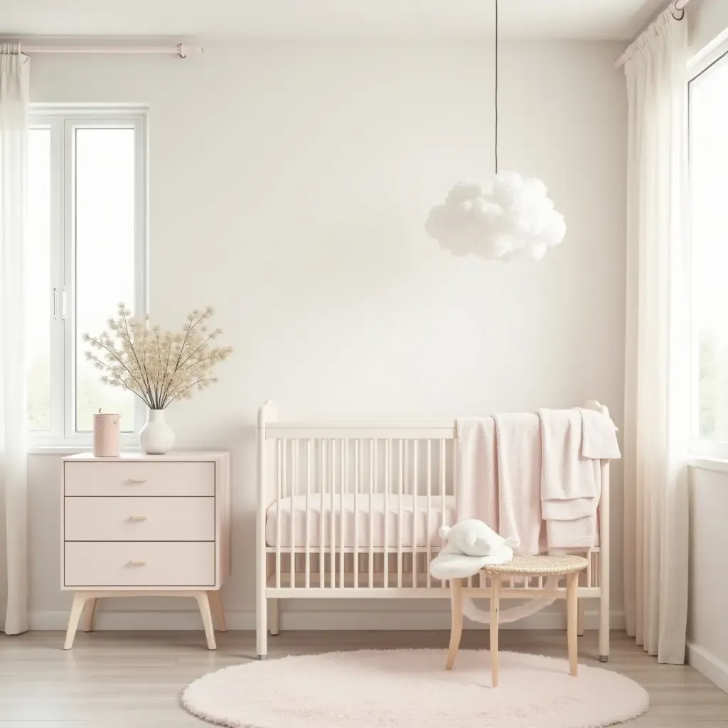 a photo of a nursery featuring a soft, pastel color scheme and decor