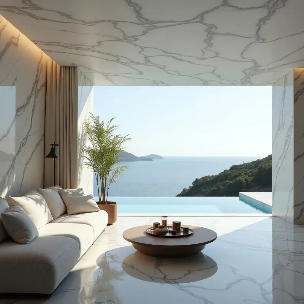 a photo of a marble-themed outdoor lounge with plush cushions and a stunning pool view