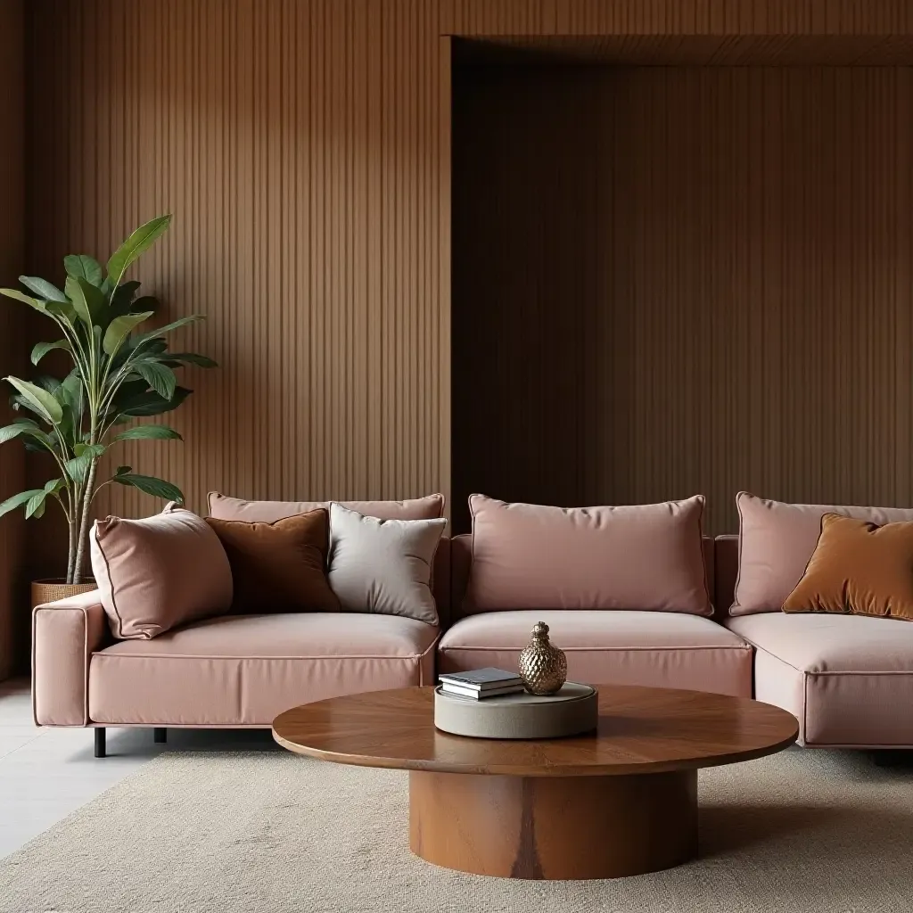 a photo of a trendy living room showcasing velvet textures, wood elements, and leather details