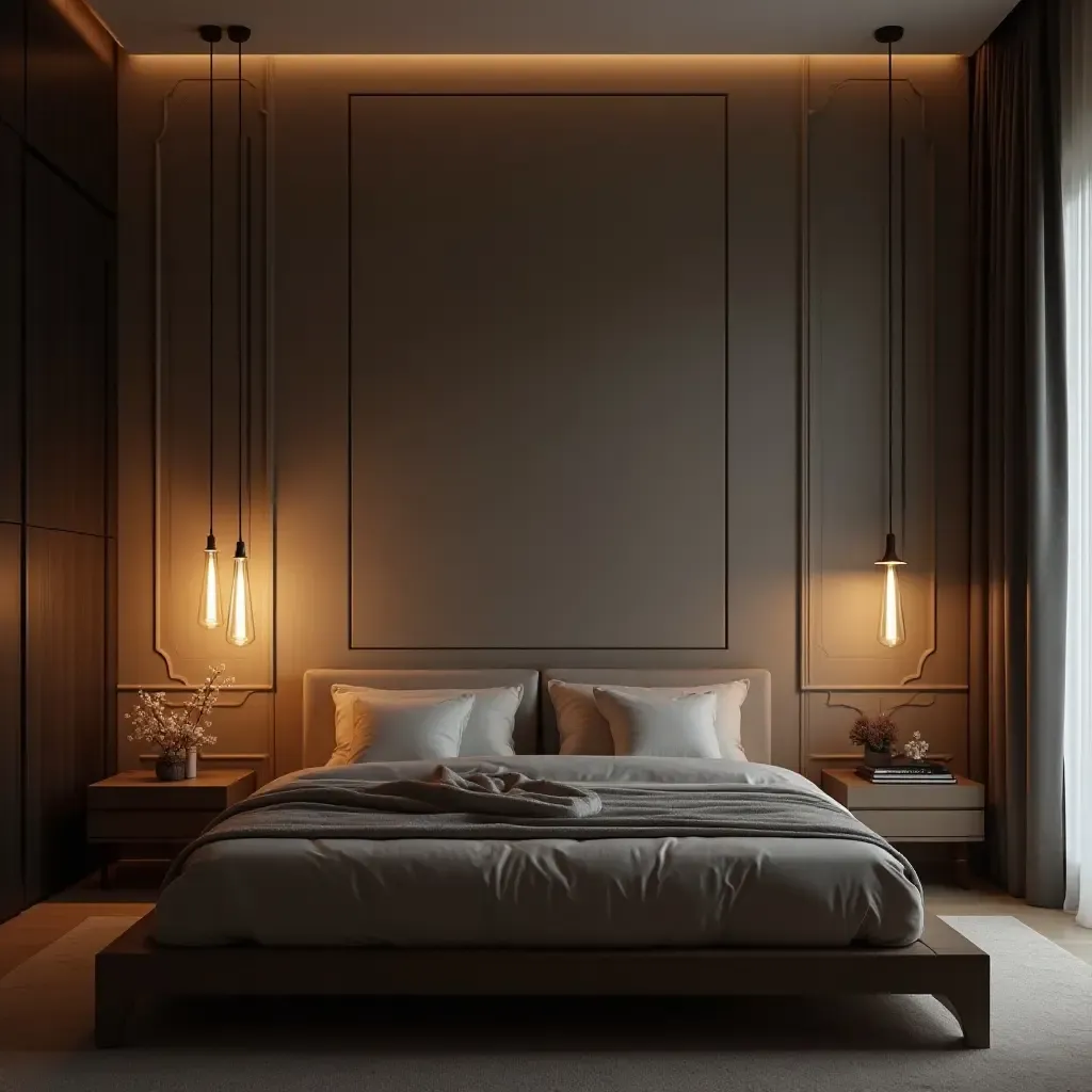 a photo of a tech-inspired bedroom with LED pendant lighting