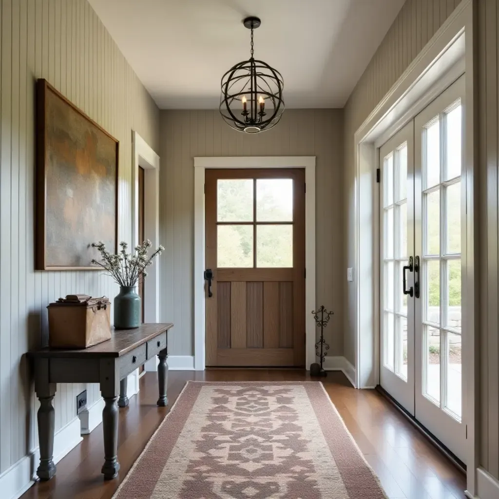 a photo of a rustic entrance hall with shiplap walls and vintage decor