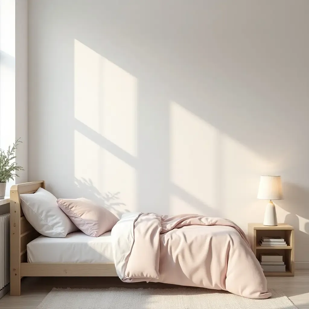 a photo of a light Scandinavian teen bedroom with soft pastel colors and natural light