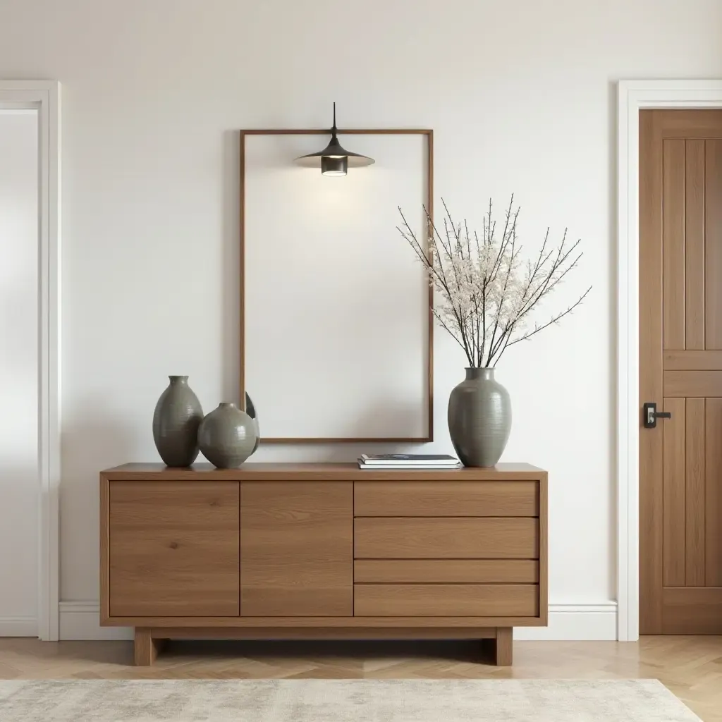 a photo of a wooden hallway table with decorative vases