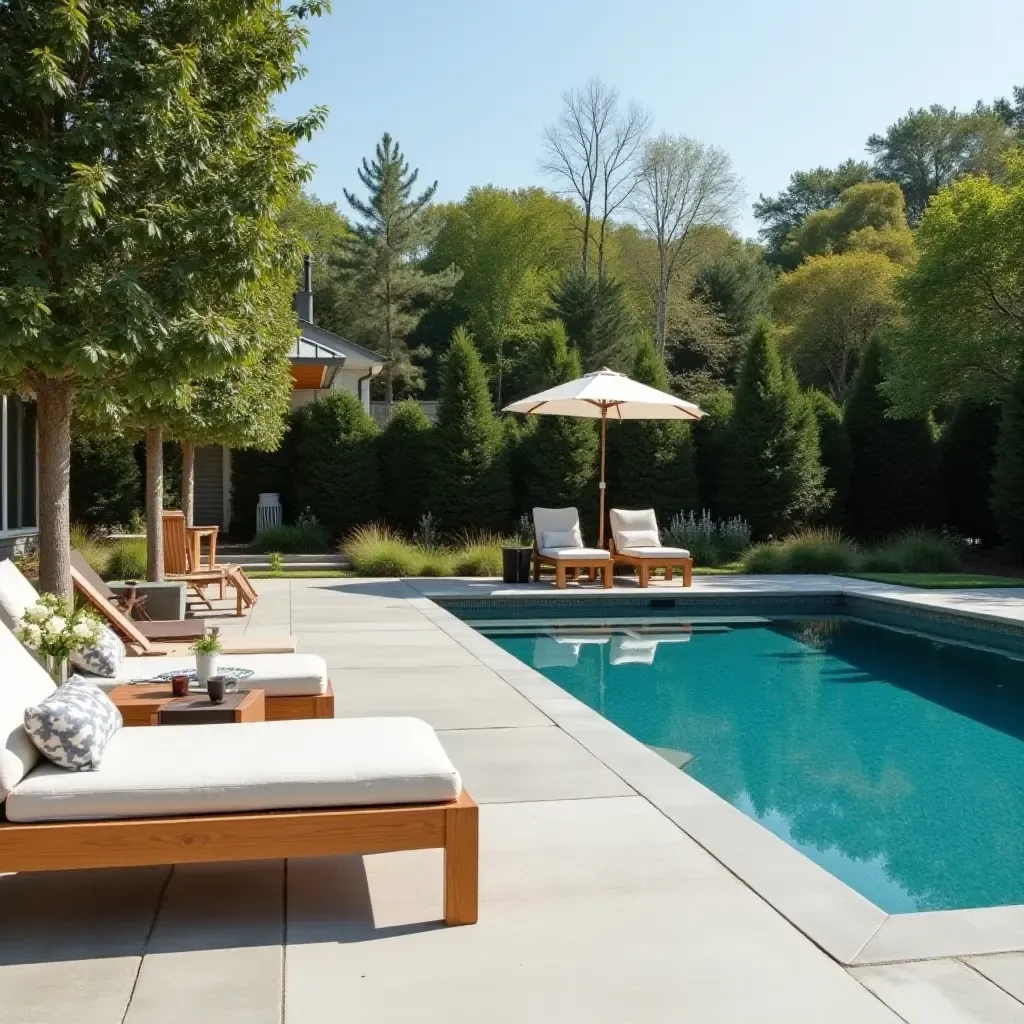 a photo of a stylish pool area with wooden loungers and farmhouse-style accessories