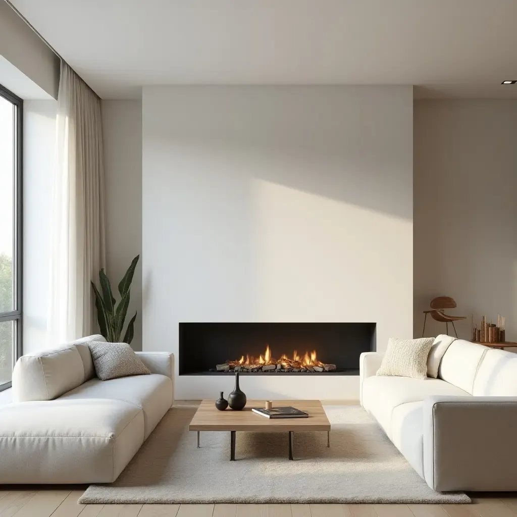 a photo of a serene living room with a sectional and a minimalist fireplace